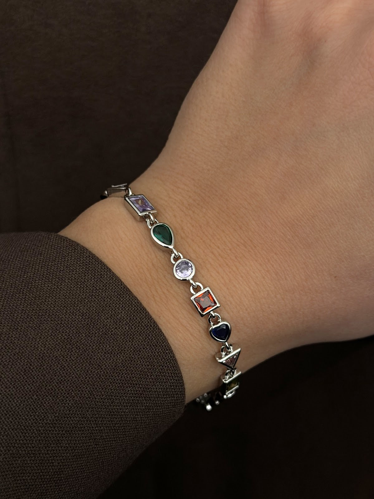 Silver Multi Color Mixed Geometric Cut CZ Station Bracelet - CW1VPBRCLT0080 | Wholesale Stainless Steel Jewelry Catwalk Jewellery Europe