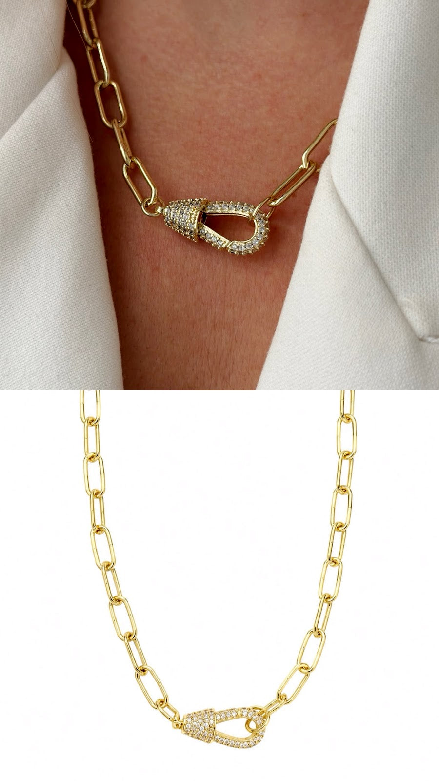 Gold CZ Pave Carabiner Clasp Paperclip Chain Necklace - CW1NKL00110 | Wholesale Stainless Steel Jewelry Catwalk Jewellery Europe