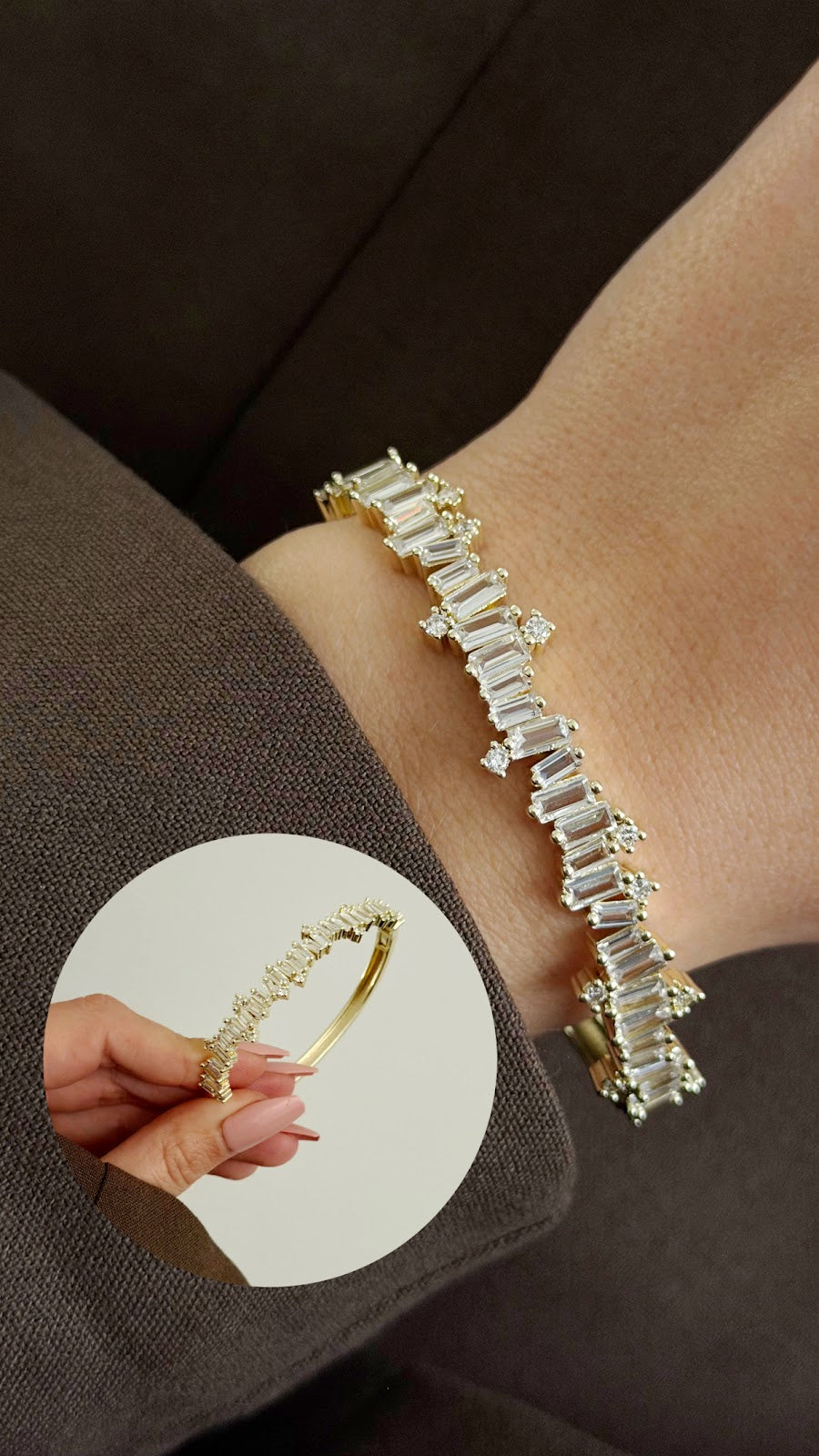 Gold Jagged Baguette CZ Pave Hinged Cuff Bangle - CW1CUFF0023 | Wholesale Stainless Steel Jewelry Catwalk Jewellery Europe
