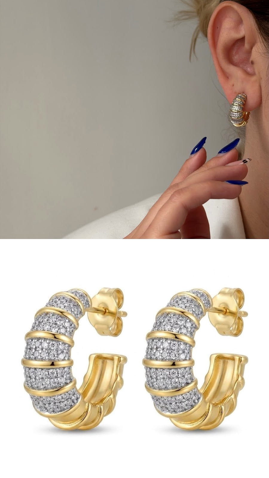 Gold Chunky Power Dressing Hoops CZ Pave Ribbed Texture Curated Maximalism Statement Earrings - CW1VPEARNG00232 | Wholesale Stainless Steel Jewelry Catwalk Jewellery Europe