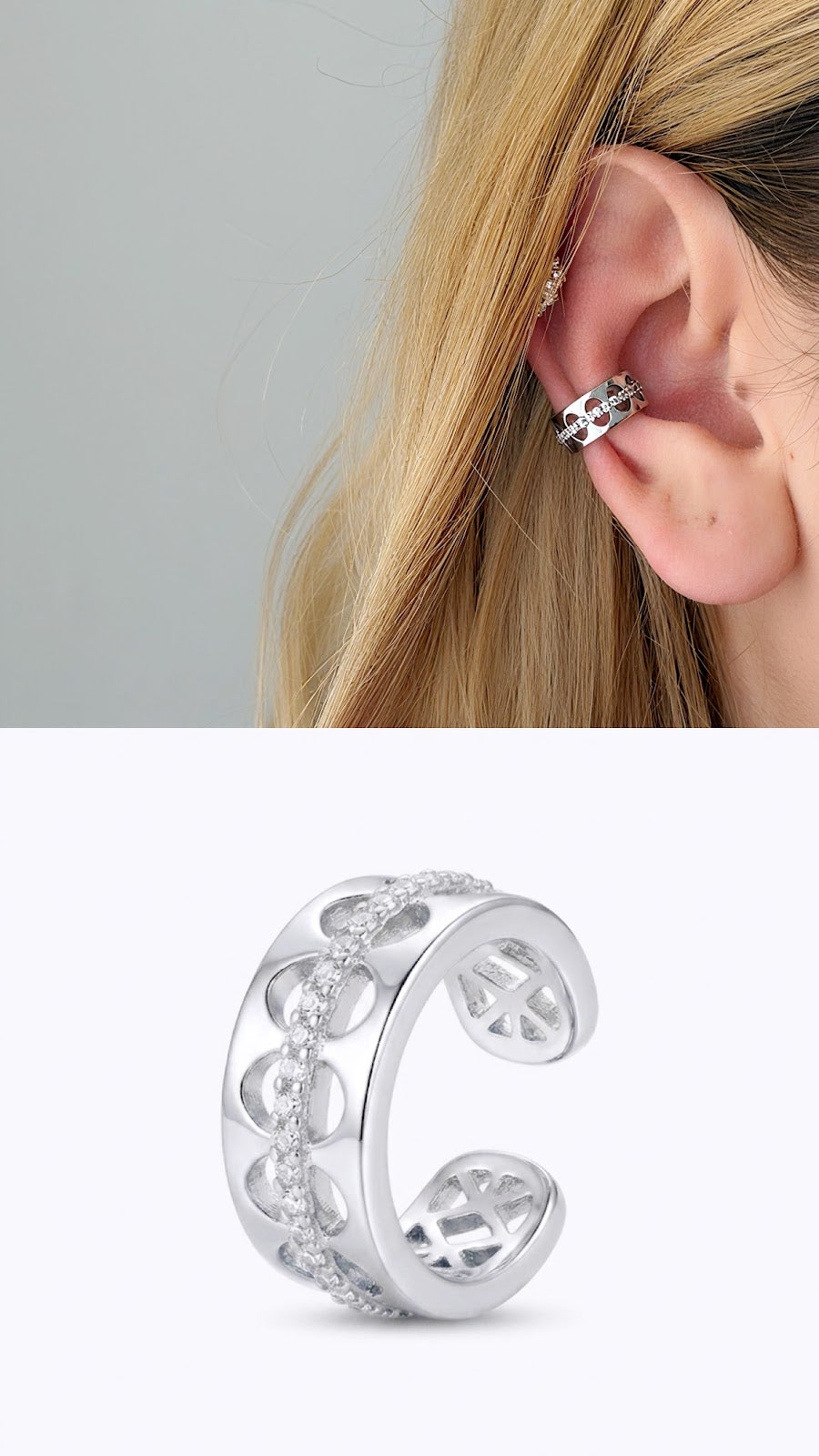 Silver CZ Pave Cutout Band Ear Cuff Alternate Angle - CW1EARCUFF0072 | Wholesale Stainless Steel Jewelry Catwalk Jewellery Europe