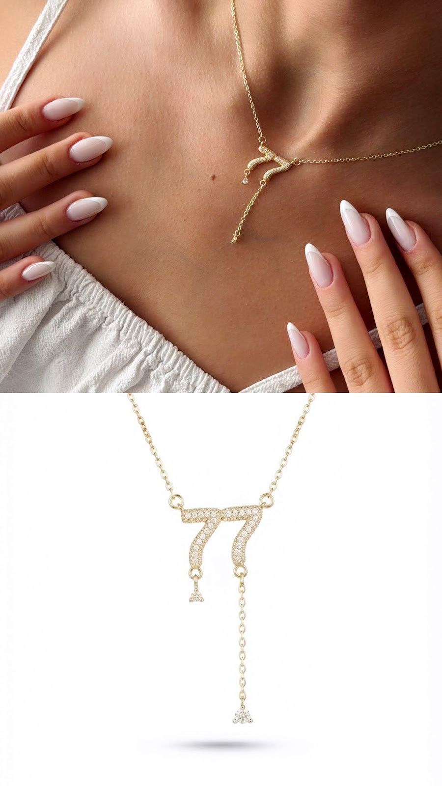 18K Gold Plated Stainless Steel Pave CZ Angel Number 77 Lariat Necklace Wholesale - CW1NKL00160 | Wholesale Stainless Steel Jewelry Catwalk Jewellery Europe