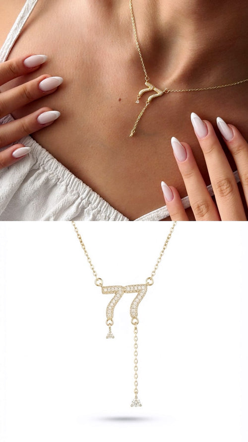 18K Gold Plated Stainless Steel Pave CZ Angel Number 77 Lariat Necklace Wholesale - CW1NKL00160 | Wholesale Stainless Steel Jewelry Catwalk Jewellery Europe