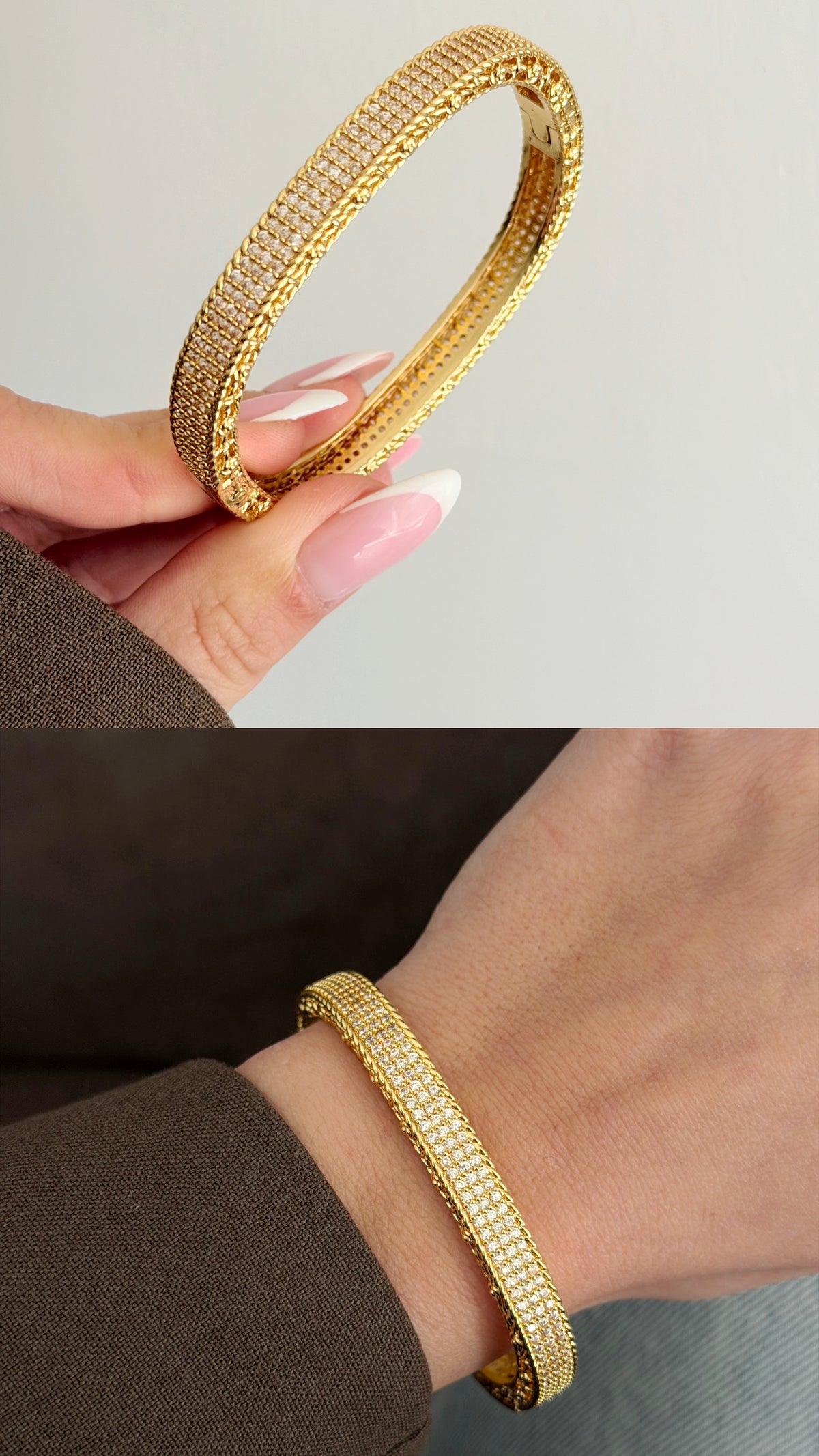 Gold CZ Pave Textured Rope Edge Hinged Cuff Bangle - CW1CUFF0053 | Wholesale Stainless Steel Jewelry Catwalk Jewellery Europe