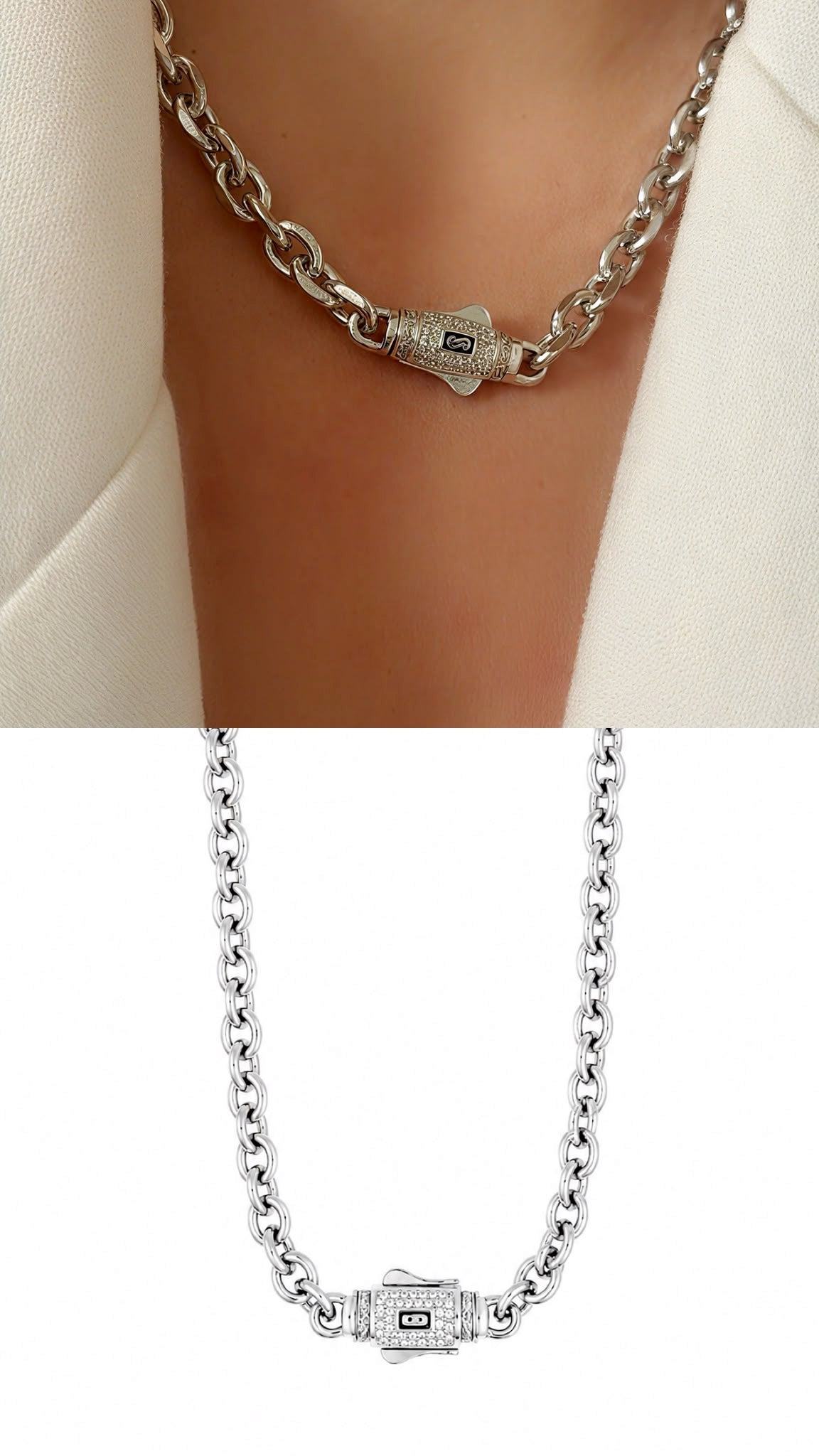 Silver CZ Pave Designer Clasp Chunky Rolo Chain Necklace - CW1NKL00119 | Wholesale Stainless Steel Jewelry Catwalk Jewellery Europe