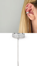 Silver Baguette CZ And Pave Border Long Chain Dangle Ear Cuff - CW1EARCUFF00104 | Wholesale Stainless Steel Jewelry Catwalk Jewellery Europe