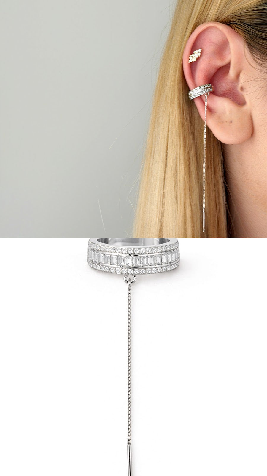 Silver Baguette CZ And Pave Border Long Chain Dangle Ear Cuff - CW1EARCUFF00104 | Wholesale Stainless Steel Jewelry Catwalk Jewellery Europe