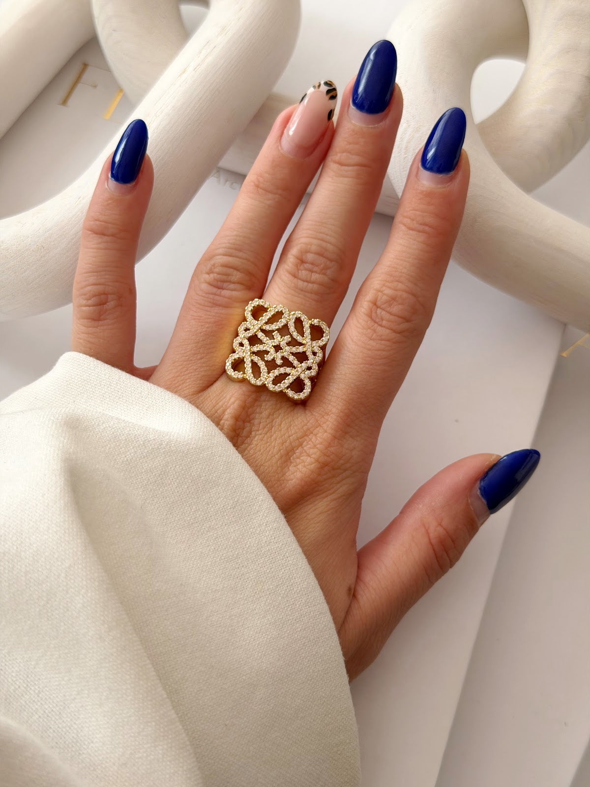 Gold CZ Pave Anagram Filigree Wide Statement Ring wholesale jewelry RINGS Catwalk Jewellery Europe