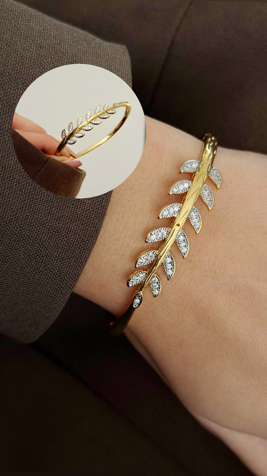 Gold CZ Pave Wheat Stalk Leaf Hinged Cuff Bangle - CW1CUFF0013 | Wholesale Stainless Steel Jewelry Catwalk Jewellery Europe
