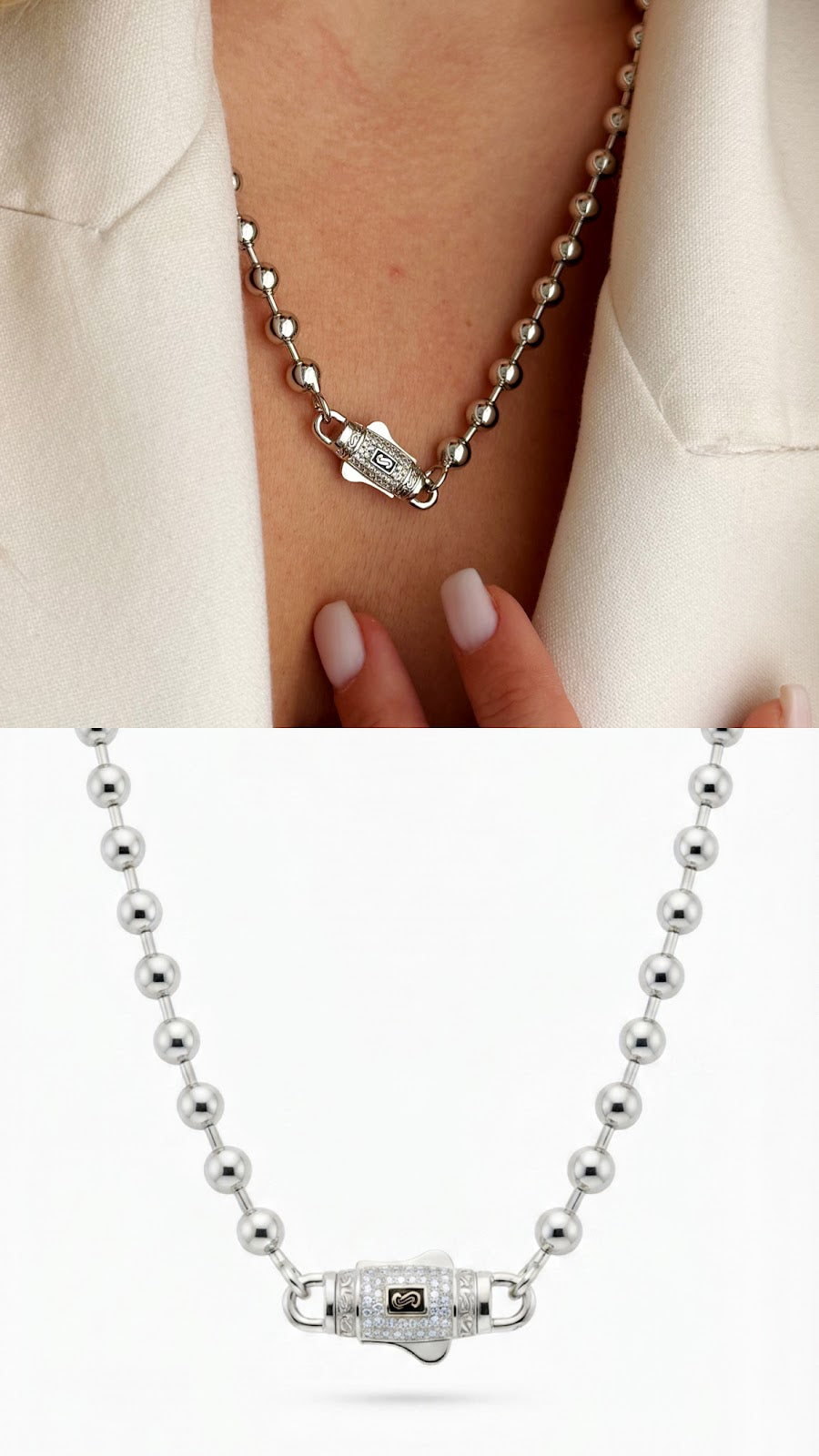 Silver CZ Pave Designer Clasp Beaded Ball Chain Necklace - CW1NKL00116 | Wholesale Stainless Steel Jewelry Catwalk Jewellery Europe