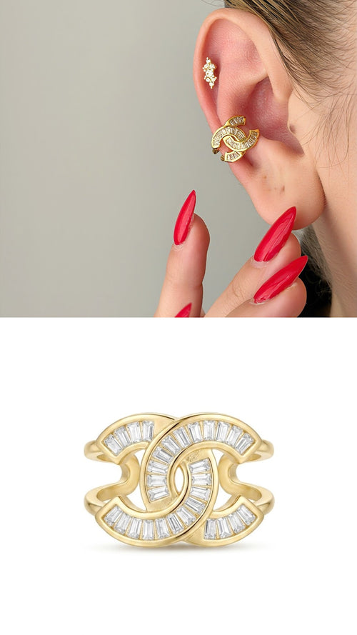Gold Baguette CZ Interlocking Cc Logo Ear Cuff - CW1EARCUFF00120 | Wholesale Stainless Steel Jewelry Catwalk Jewellery Europe