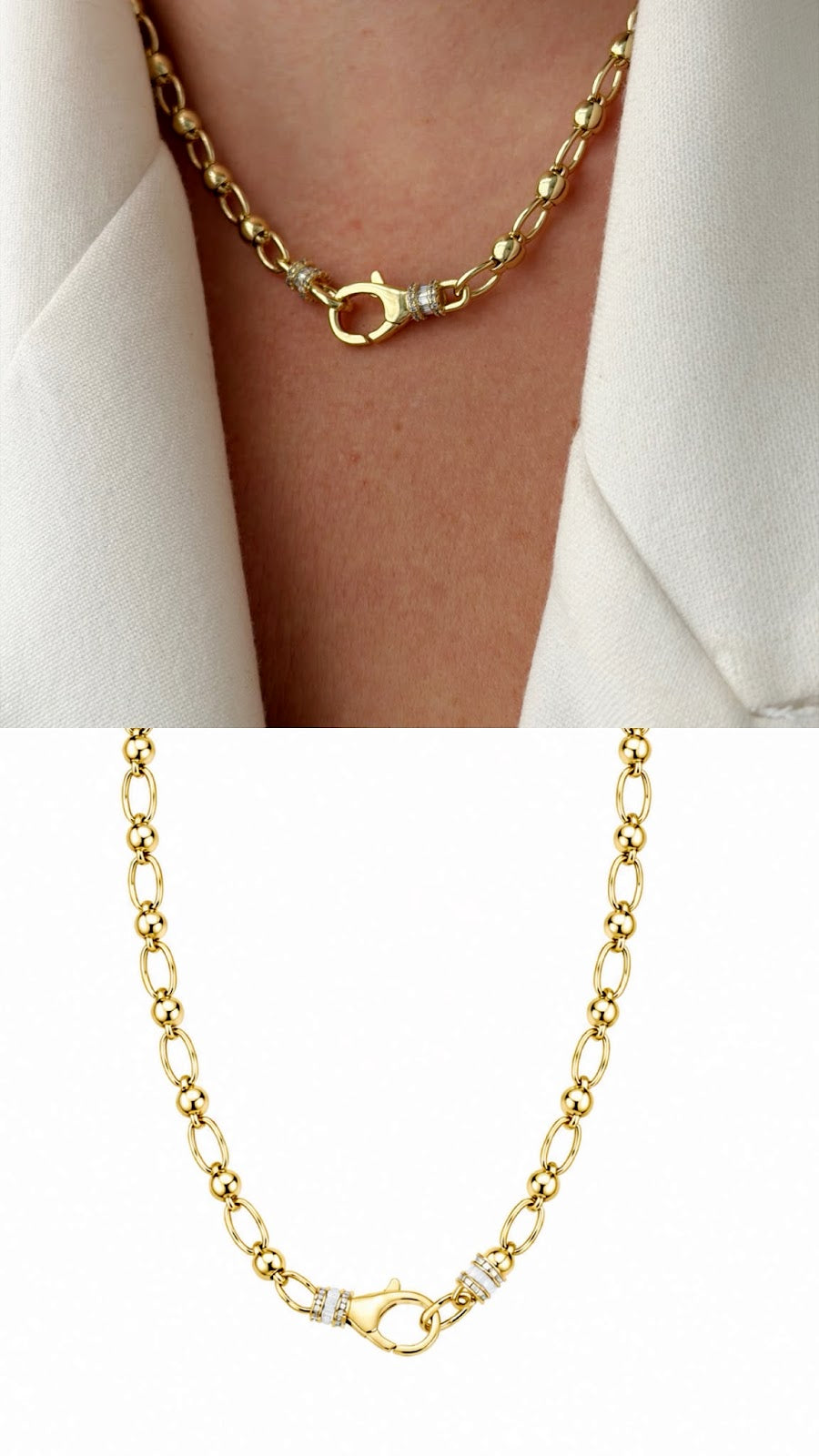 Gold CZ Baguette White Enamel Front Clasp Beaded Station Necklace - CW1NKL00121 | Wholesale Stainless Steel Jewelry Catwalk Jewellery Europe