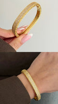 Gold CZ Pave Textured Rope Edge Hinged Cuff Bangle - CW1CUFF0053 | Wholesale Stainless Steel Jewelry Catwalk Jewellery Europe
