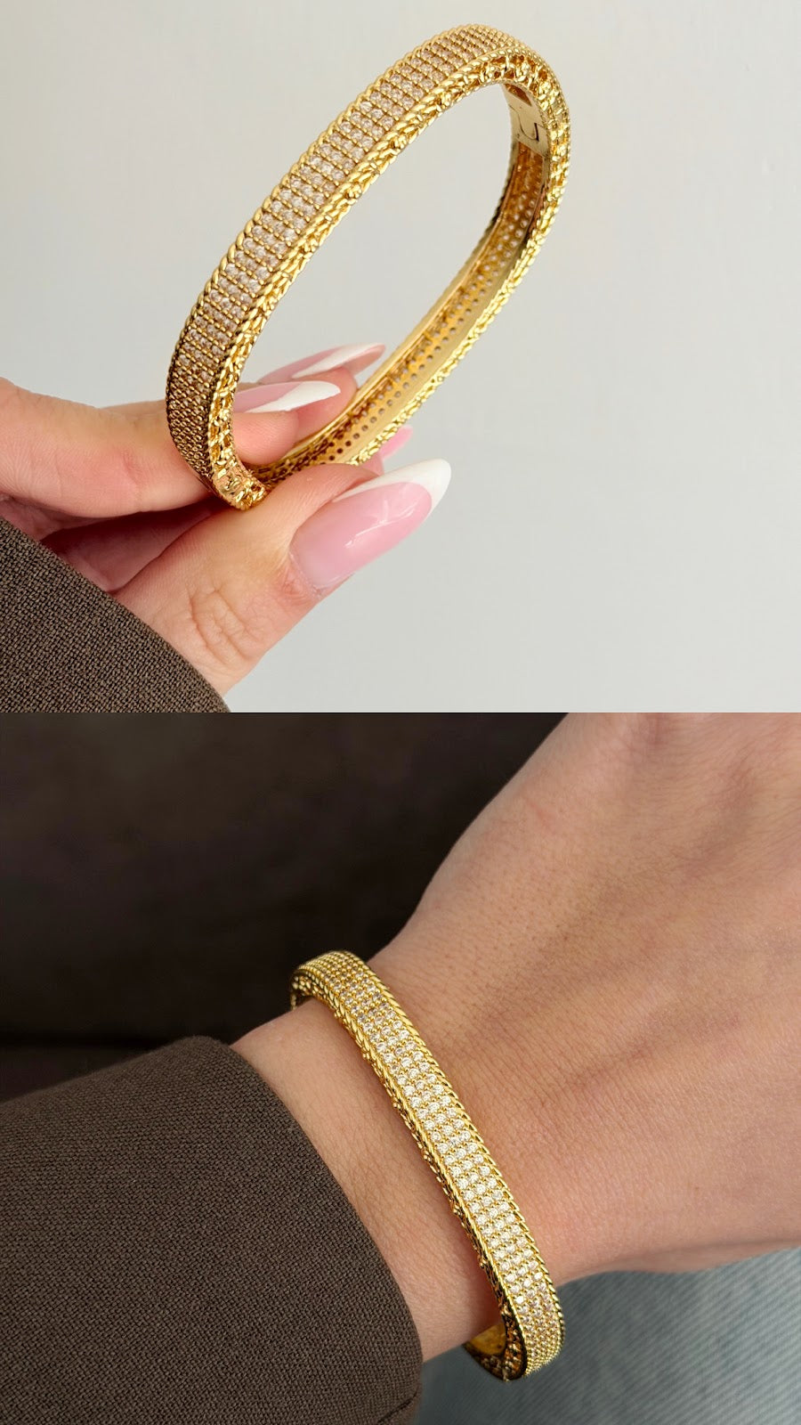 Gold CZ Pave Textured Rope Edge Hinged Cuff Bangle - CW1CUFF0053 | Wholesale Stainless Steel Jewelry Catwalk Jewellery Europe