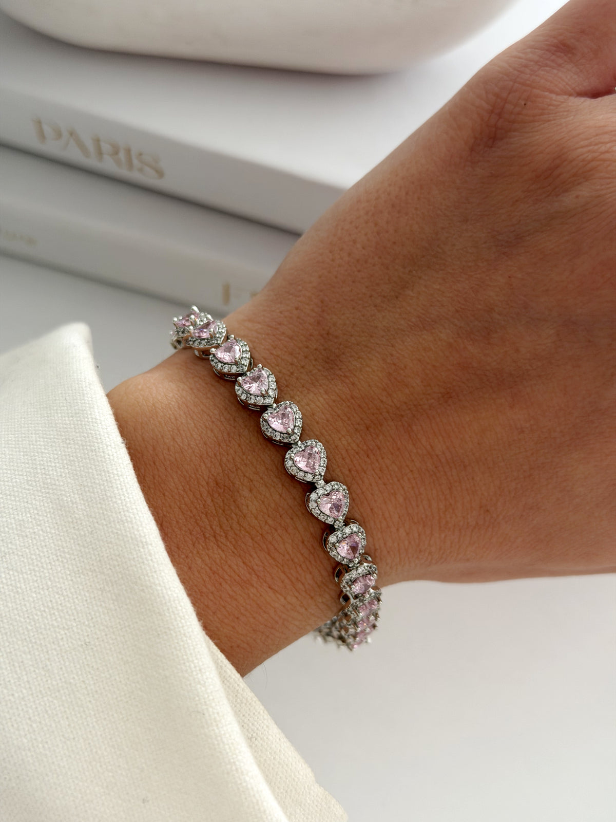 CW1VPBRCLT00181-silver-pink-heart-cut-cz-halo-tennis-bracelet-catwalkjewellery wholesale jewelry BRACELETS  Catwalk Jewellery Europe