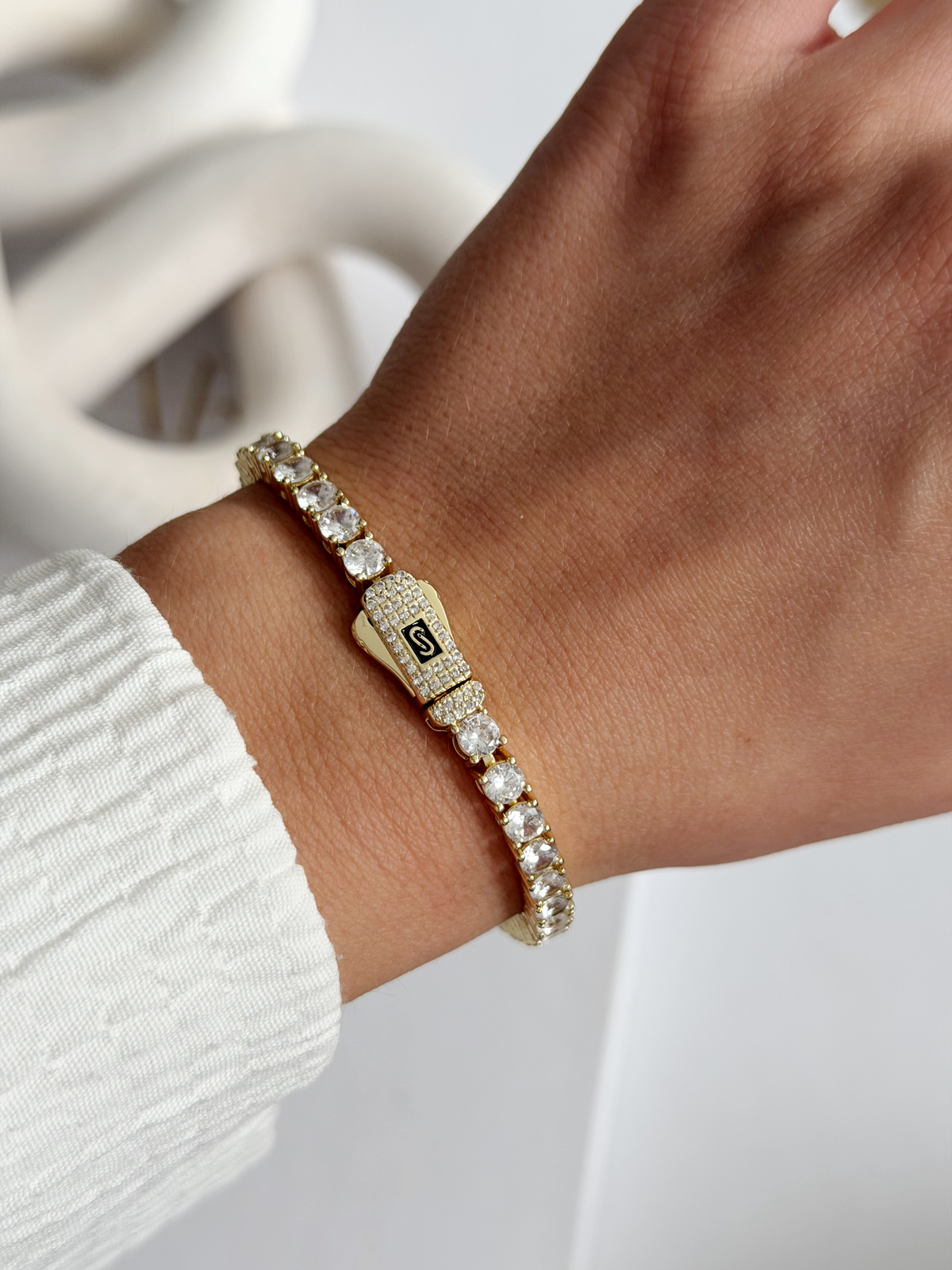 Gold Plated CZ Round Tennis Bracelet Initial S Clasp - CW1VPBRCLT00292 | Wholesale Stainless Steel Jewelry Catwalk Jewellery Europe