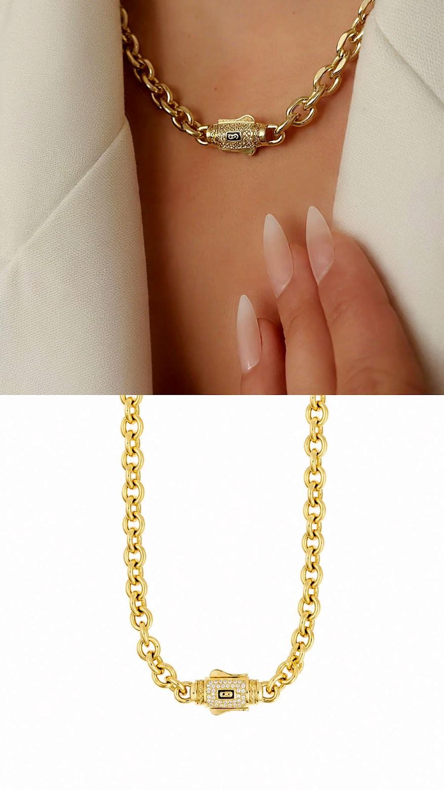 Gold CZ Pave Designer Clasp Chunky Rolo Chain Necklace - CW1NKL00118 | Wholesale Stainless Steel Jewelry Catwalk Jewellery Europe