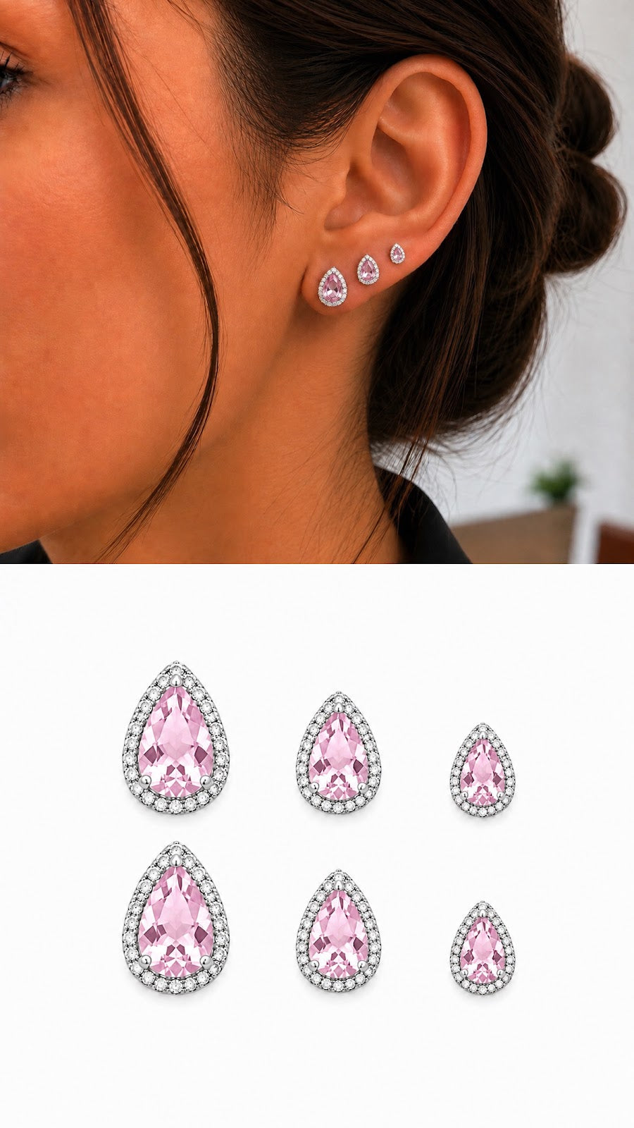 Silver Pink Pear Cut CZ Halo Graduated Stud Earring Set Of 3 - CW1VPEARNG00280 | Wholesale Stainless Steel Jewelry Catwalk Jewellery Europe