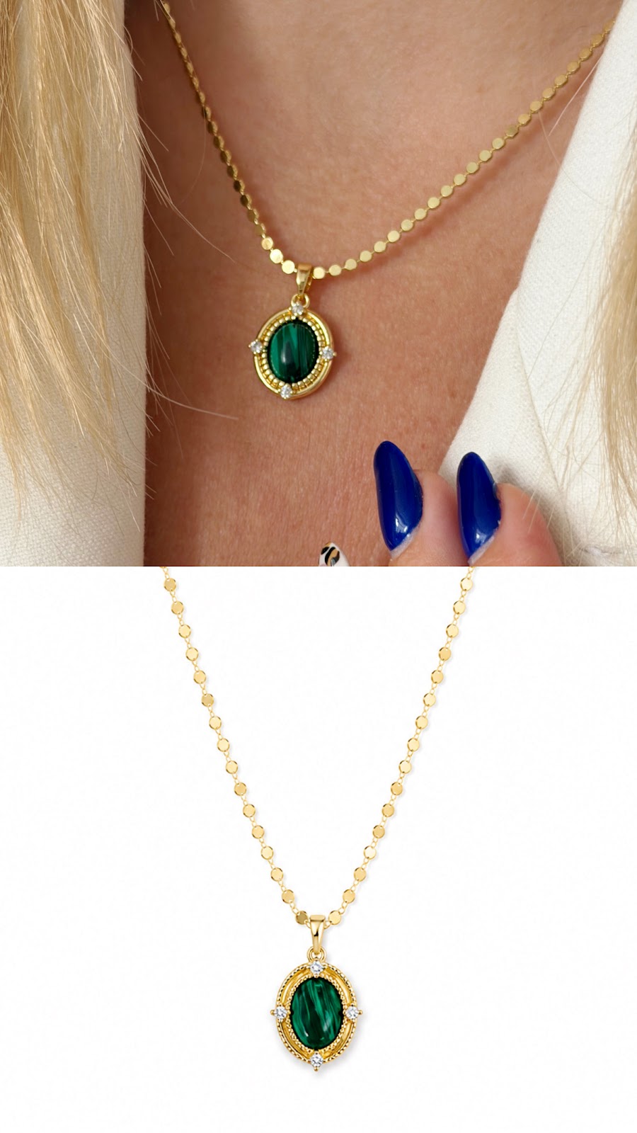Gold Malachite Green Stone CZ Halo Beaded Chain Necklace - CW1NKL0069 | Wholesale Stainless Steel Jewelry Catwalk Jewellery Europe