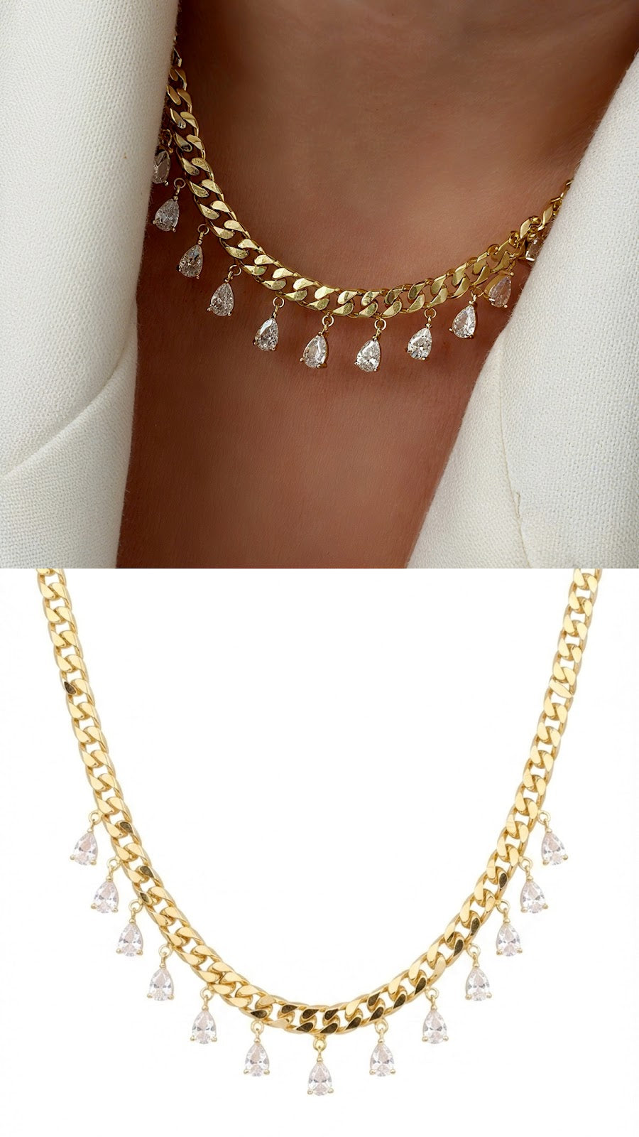 18K Gold Plated Stainless Steel Pear Cut CZ Dangle Curb Chain Choker Necklace Wholesale - CW1NKL00189 | Wholesale Stainless Steel Jewelry Catwalk Jewellery Europe