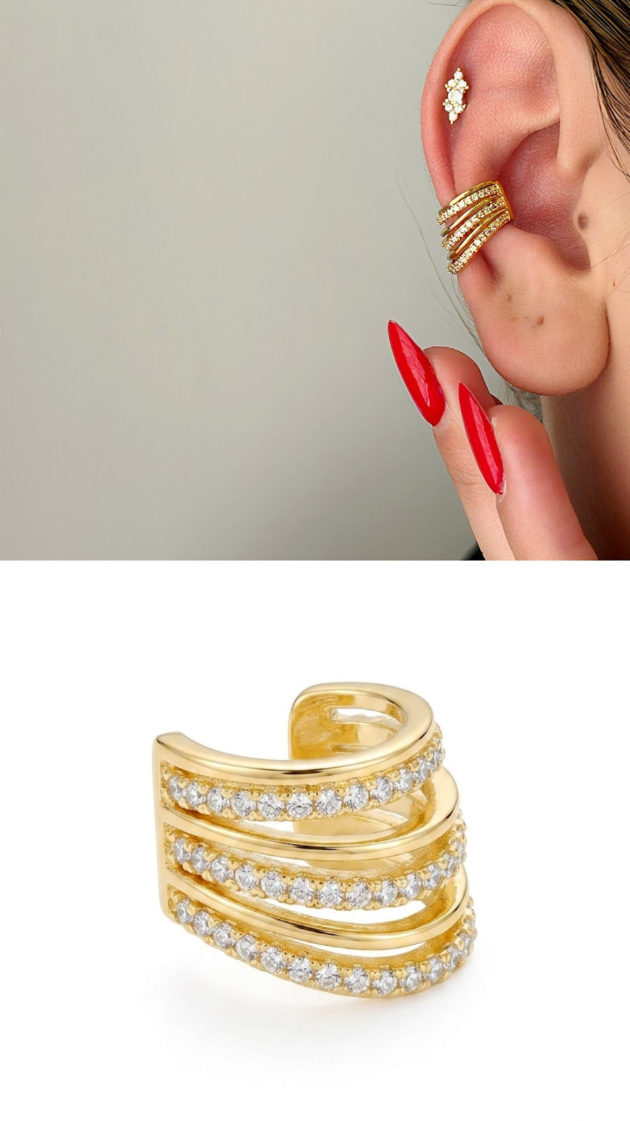 Gold CZ Pave Four Band Wide Ear Cuff - CW1EARCUFF00101 | Wholesale Stainless Steel Jewelry Catwalk Jewellery Europe