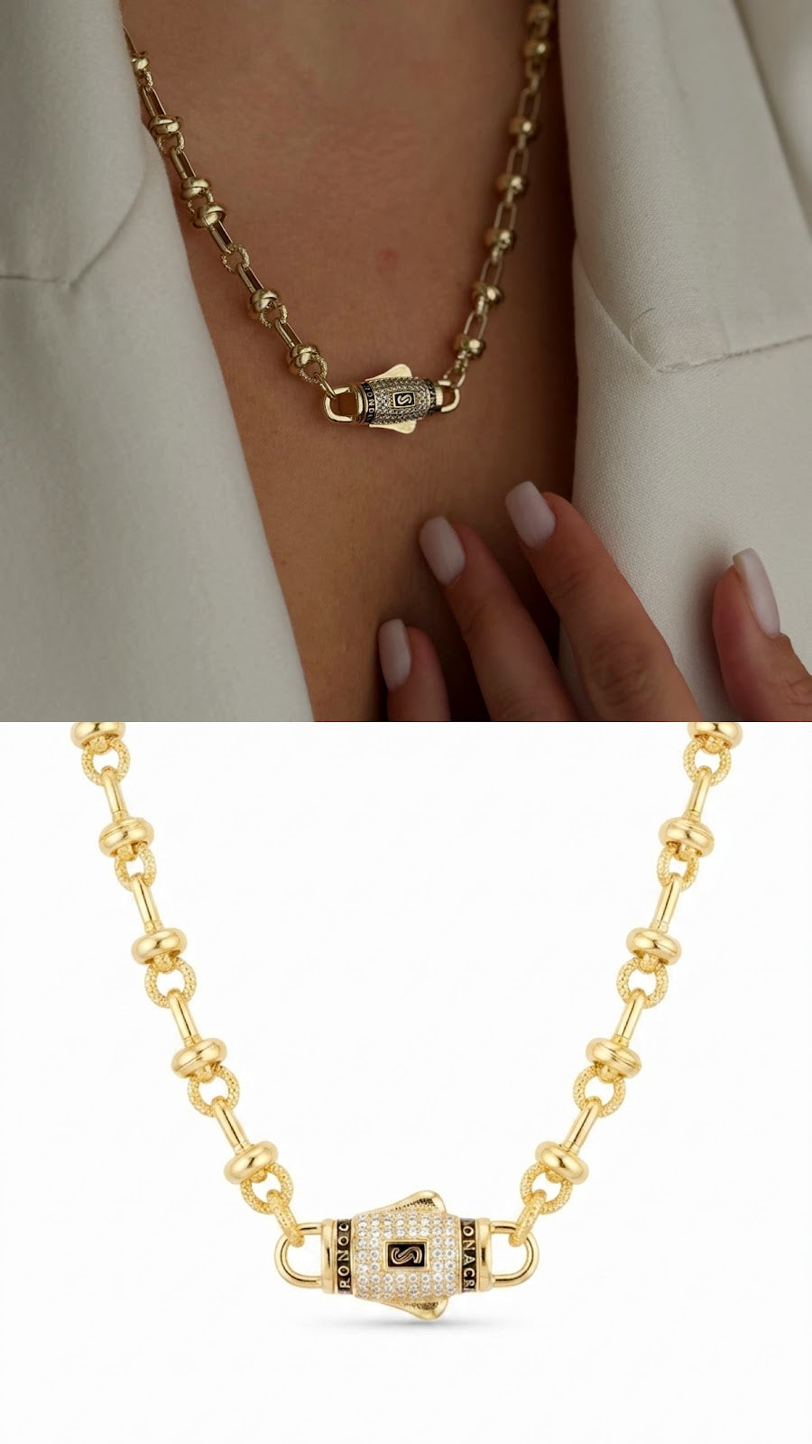 Gold CZ Pave Black Enamel Monaco Designer Clasp Beaded Station Necklace - CW1NKL00124 | Wholesale Stainless Steel Jewelry Catwalk Jewellery Europe