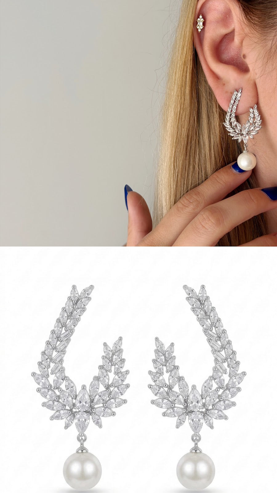 Silver CZ Marquise Leaf Wreath Freshwater Pearl Drop Statement Earrings - CW1STEAR0020 | Wholesale Stainless Steel Jewelry Catwalk Jewellery Europe
