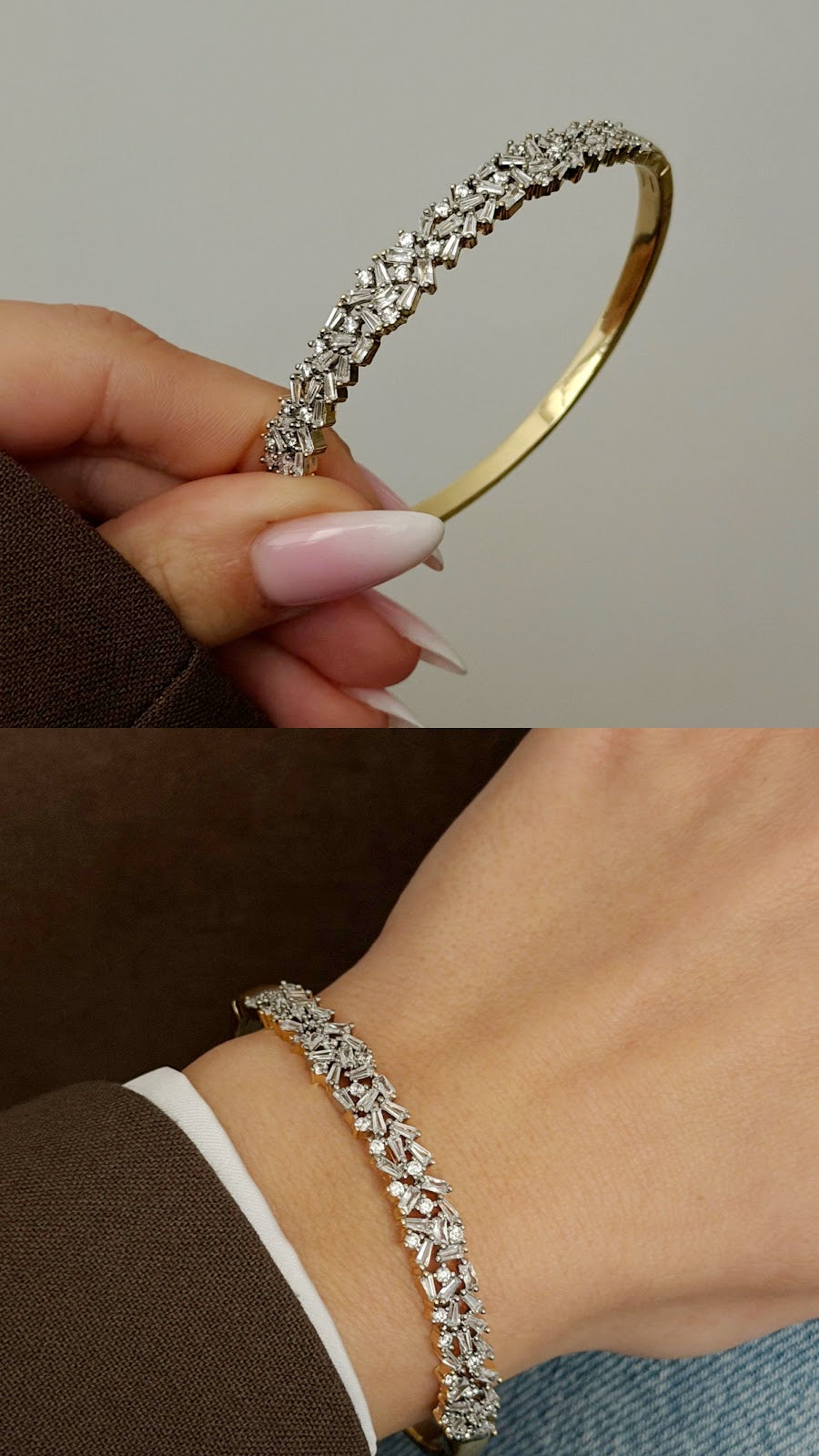 Gold Jagged Baguette CZ Pave Hinged Cuff Bangle - CW1CUFF0026 | Wholesale Stainless Steel Jewelry Catwalk Jewellery Europe