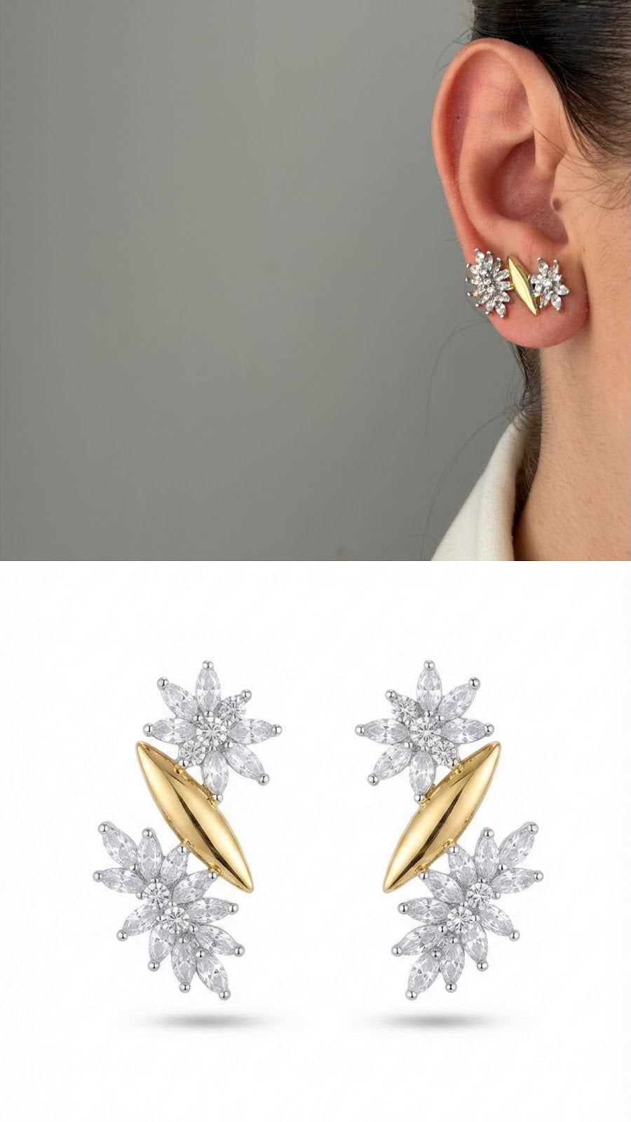 Two Tone CZ Pave Floral Cluster Ear Climber Earrings - CW1VPEARNG00226 | Wholesale Stainless Steel Jewelry Catwalk Jewellery Europe
