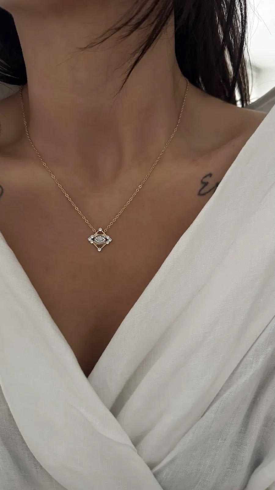 Gold CZ Pave Diamond Rhombus Evil Eye Pendant Necklace - CW1NKL0015 | Wholesale Stainless Steel Jewelry Catwalk Jewellery Europe
