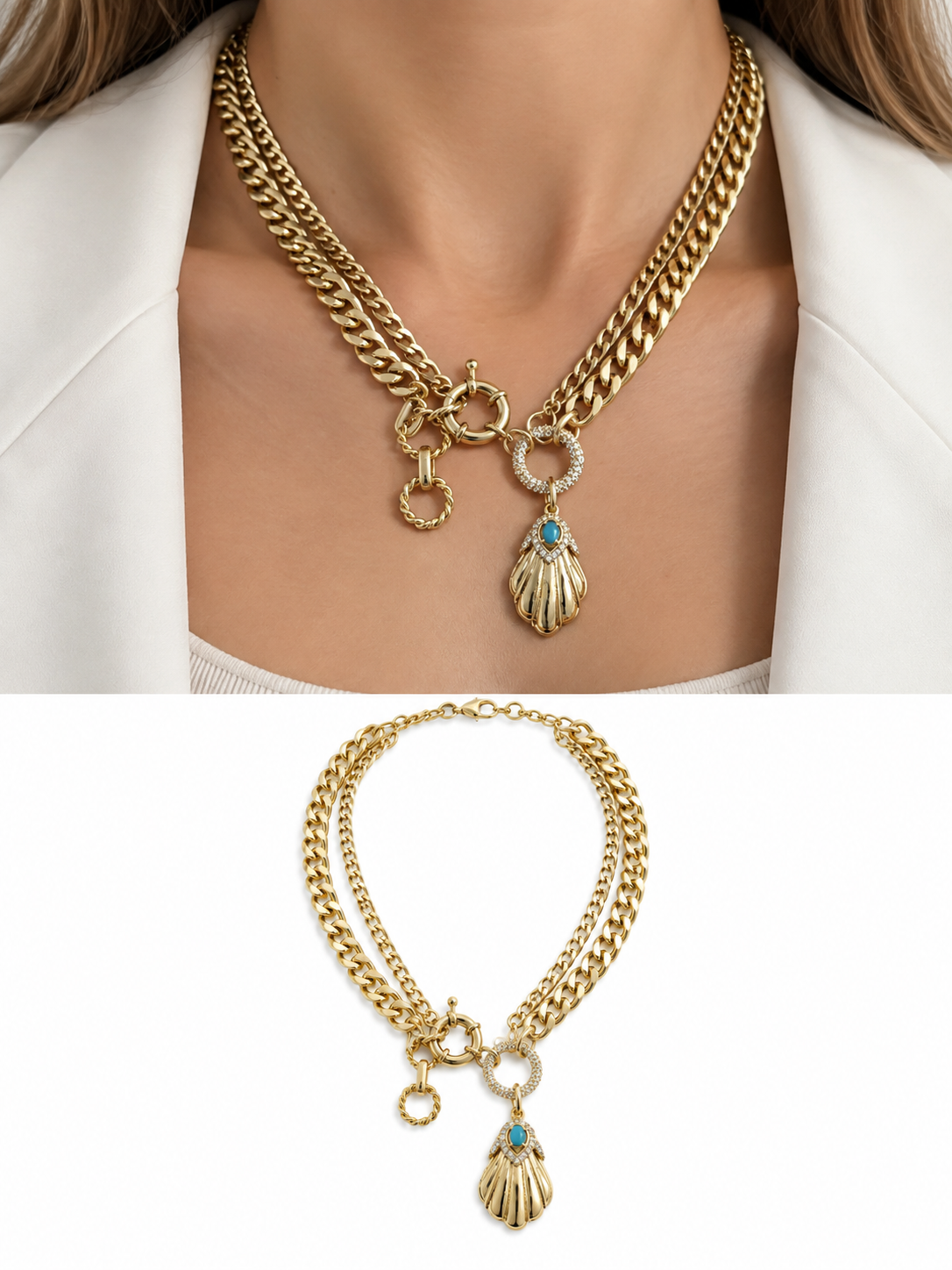 18K Gold Plated Stainless Steel Double Layer Cuban Chain Shell Turquoise Pendant Necklace - CW1NKL00195 | Wholesale Stainless Steel Jewelry Catwalk Jewellery Europe