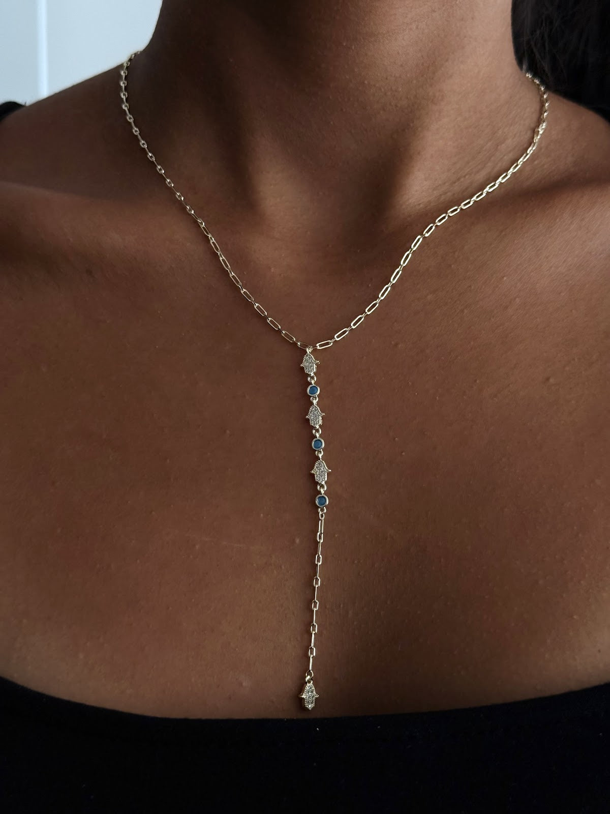 Gold CZ Pave Hamsa Hand Blue Bead Paperclip Chain Y Necklace - CW1YNECKLACE006 | Wholesale Stainless Steel Jewelry Catwalk Jewellery Europe