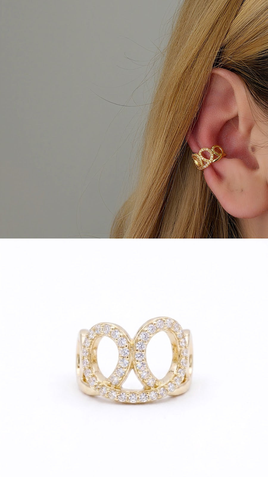 Gold CZ Pave Interlocking Double Circle Ear Cuff - CW1EARCUFF0067 | Wholesale Stainless Steel Jewelry Catwalk Jewellery Europe
