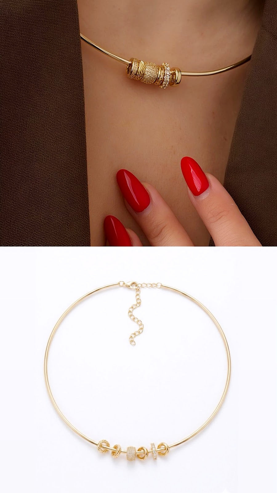 Gold CZ Pave Slider Beads Torque Choker Collar Necklace - CW1NKL0099 | Wholesale Stainless Steel Jewelry Catwalk Jewellery Europe
