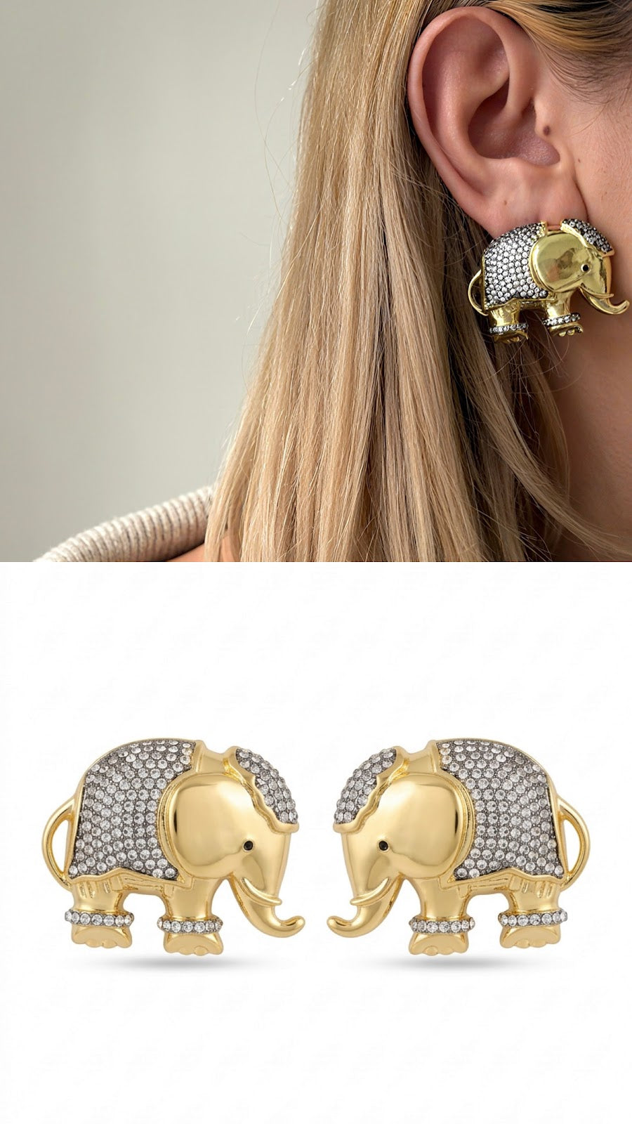 Gold Sculptural Elephant Motif CZ Pave Statement Stud Earrings - CW1VPEARNG00316 | Wholesale Stainless Steel Jewelry Catwalk Jewellery Europe
