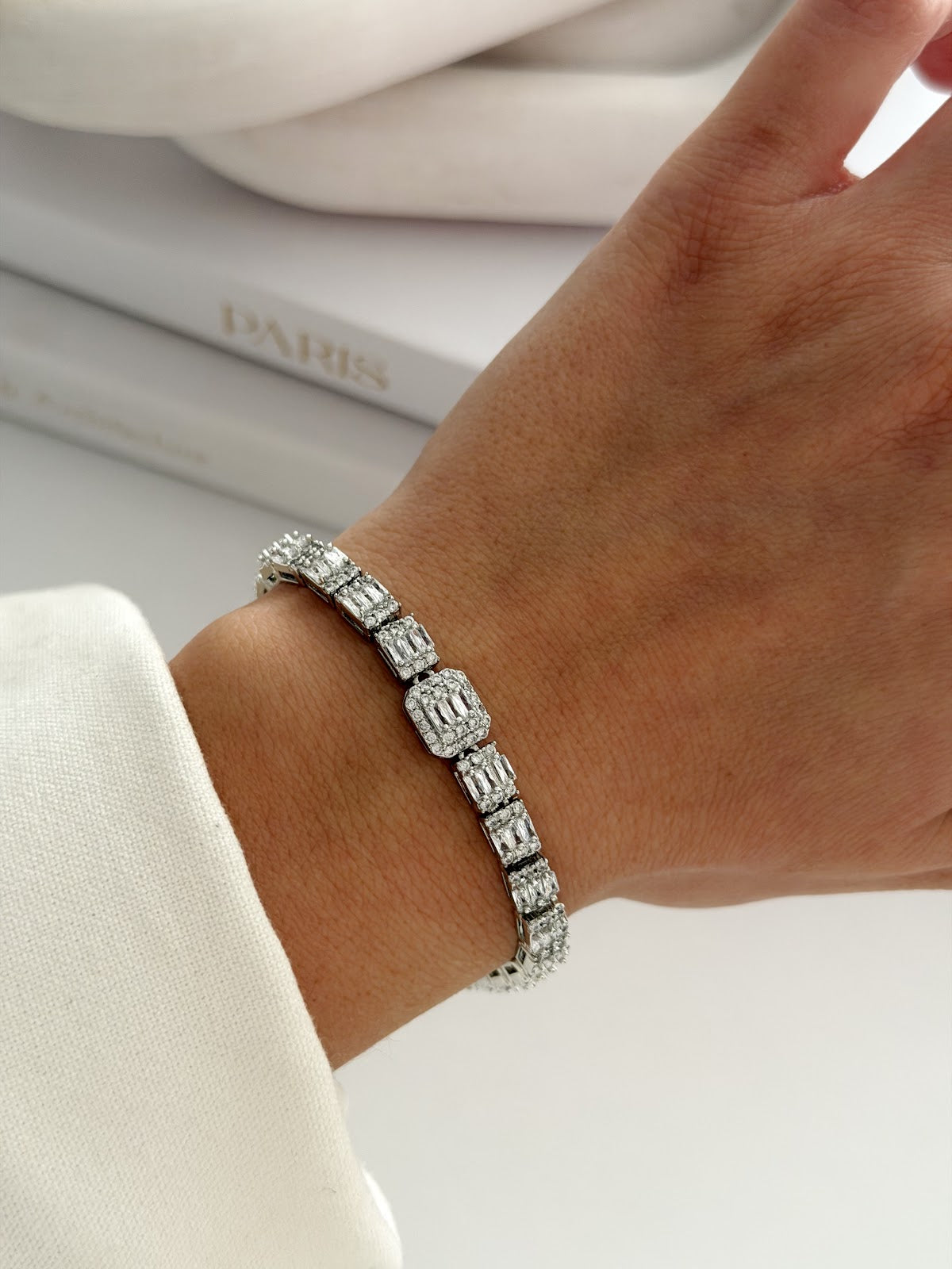 Silver Emerald Cut CZ Halo Rectangular Link Bracelet - CW1VPBRCLT00224 | Wholesale Stainless Steel Jewelry Catwalk Jewellery Europe