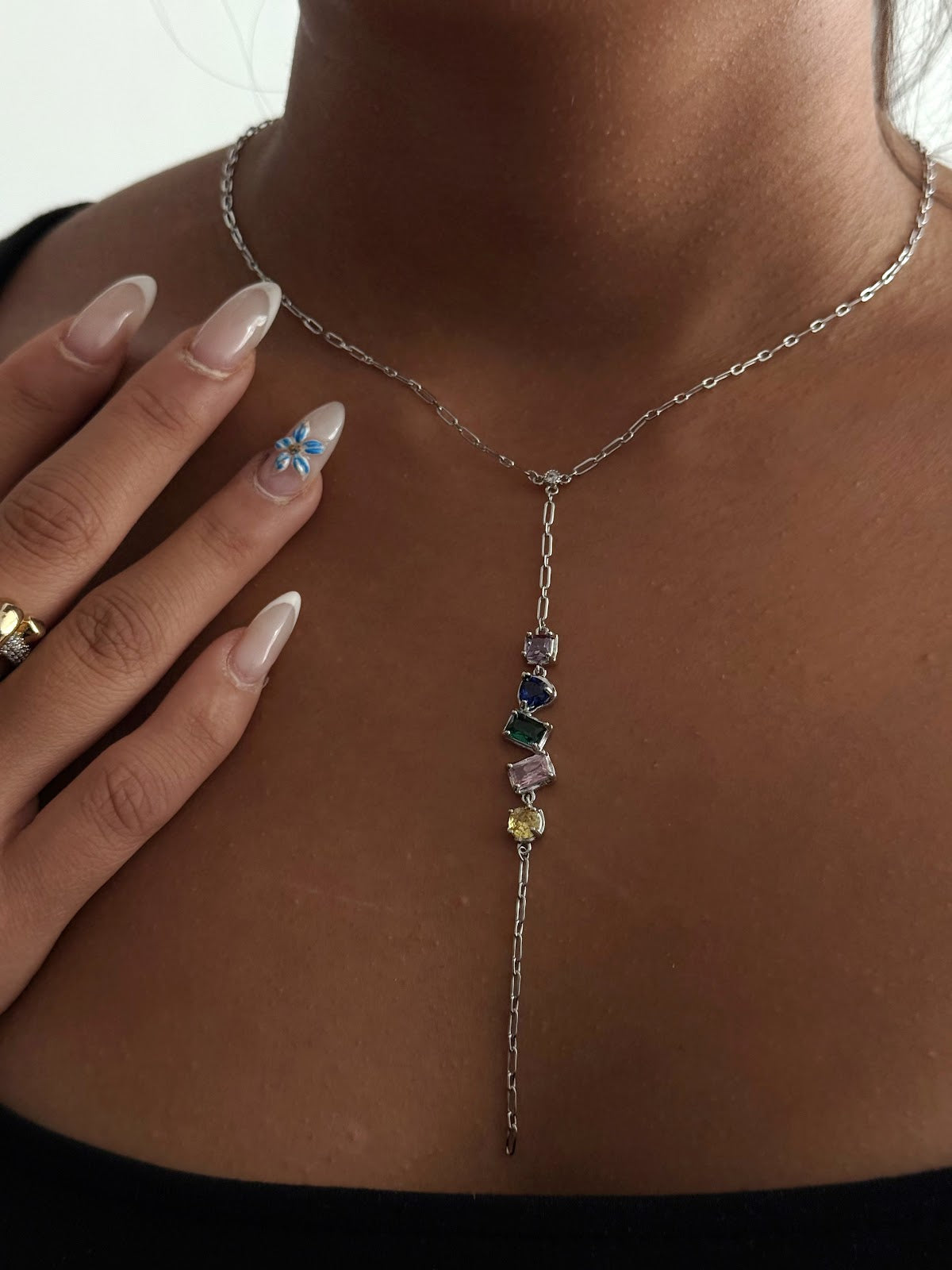 Silver Multi Color Gemstone Cluster Paperclip Chain Y Necklace - CW1YNECKLACE0010 | Wholesale Stainless Steel Jewelry Catwalk Jewellery Europe