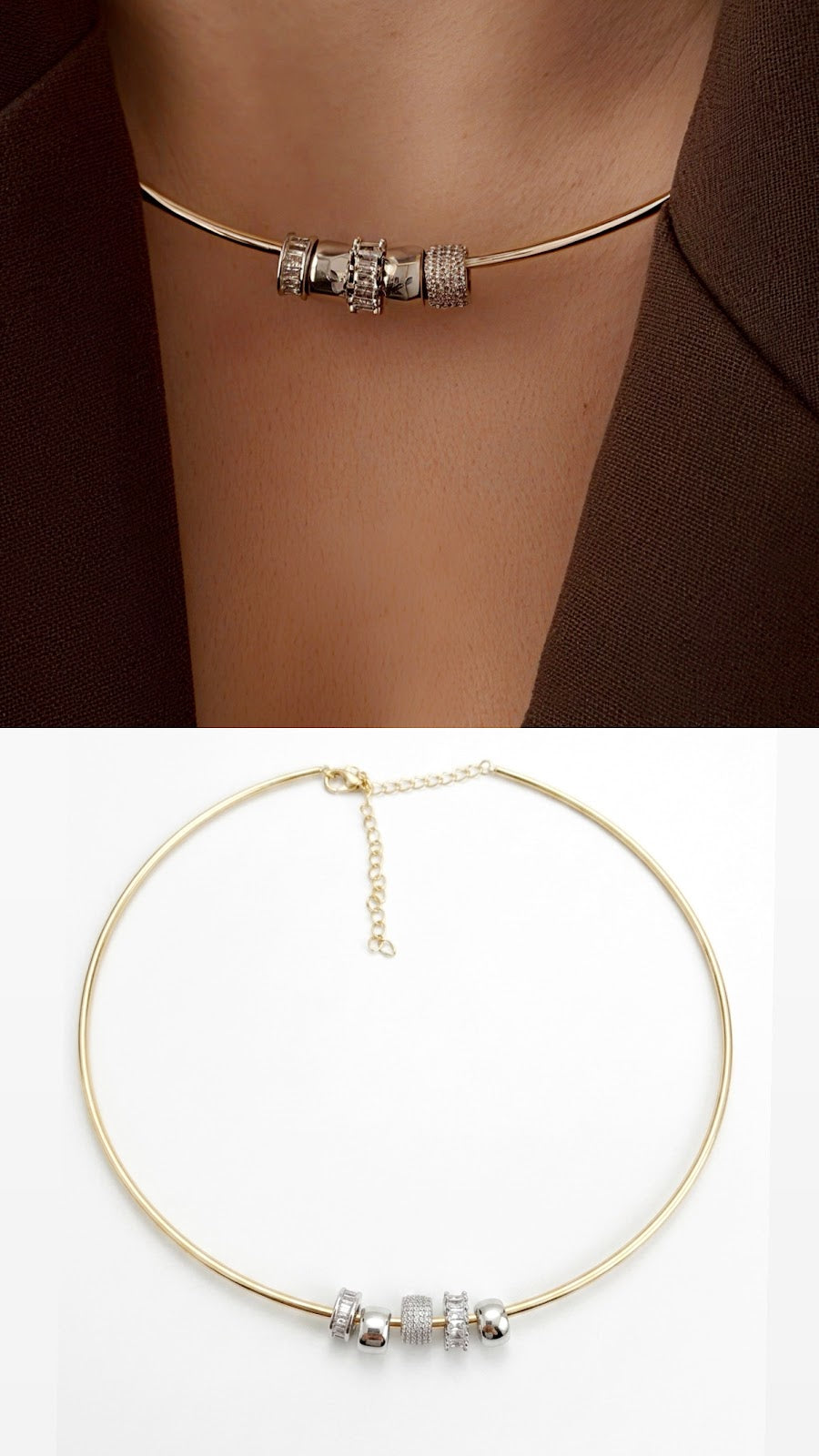 Two Tone CZ Baguette Pave Slider Beads Torque Choker Collar Necklace - CW1NKL0096 | Wholesale Stainless Steel Jewelry Catwalk Jewellery Europe