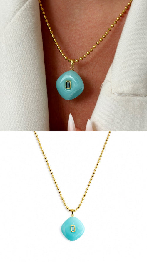18K Gold Plated Stainless Steel Turquoise Square Resin CZ Pendant Ball Chain Necklace Wholesale - CW1NKL00167 | Wholesale Stainless Steel Jewelry Catwalk Jewellery Europe