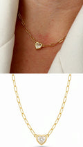 18K Gold Plated Stainless Steel Heart CZ Solitaire Textured Paperclip Chain Necklace Wholesale - CW1NKL00156 | Wholesale Stainless Steel Jewelry Catwalk Jewellery Europe