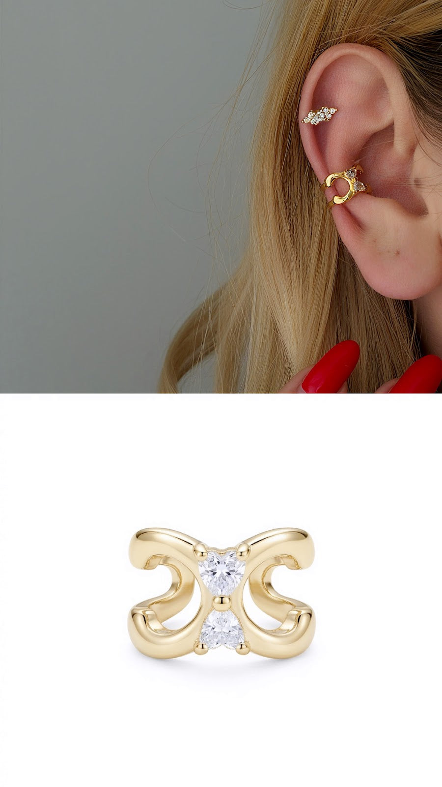 Gold Double Heart CZ Hourglass Ear Cuff - CW1EARCUFF0099 | Wholesale Stainless Steel Jewelry Catwalk Jewellery Europe