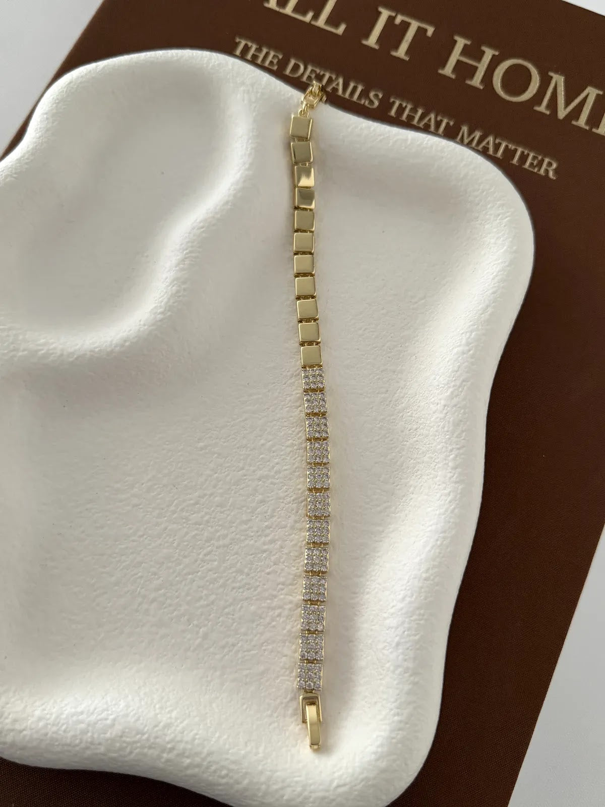 Gold CZ Pave Half And Half Square Tile Link Bracelet - CW1VPBRCLT0081 | Wholesale Stainless Steel Jewelry Catwalk Jewellery Europe
