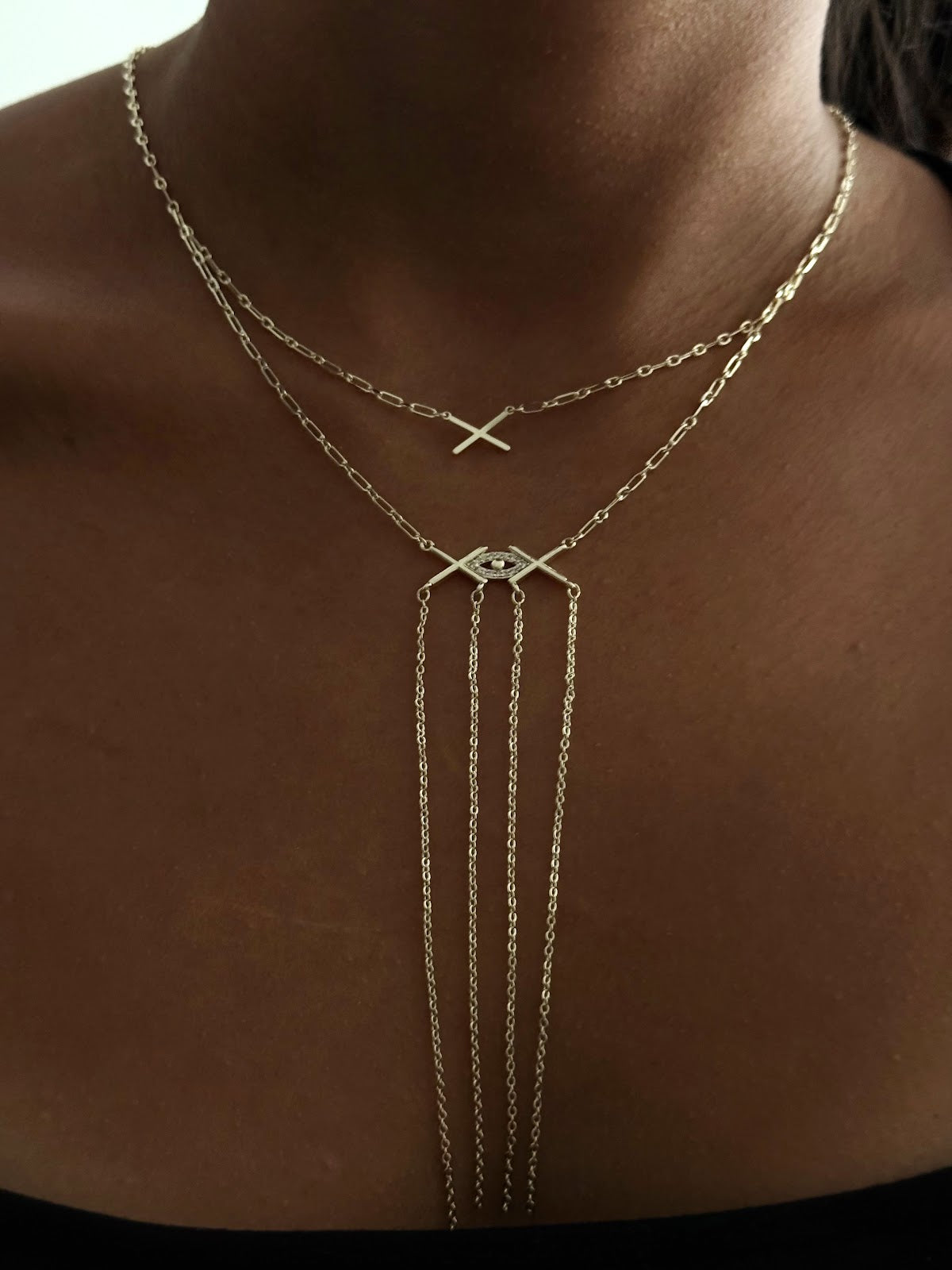 Gold CZ Pave Geometric X Evil Eye Multi Chain Fringe Layered Y Necklace - CW1YNECKLACE0013 | Wholesale Stainless Steel Jewelry Catwalk Jewellery Europe