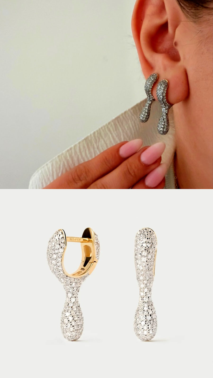 Two Tone CZ Pave Sculptural Teardrop Dangle Huggie Hoop Earrings - CW1VPEARNG00246 | Wholesale Stainless Steel Jewelry Catwalk Jewellery Europe