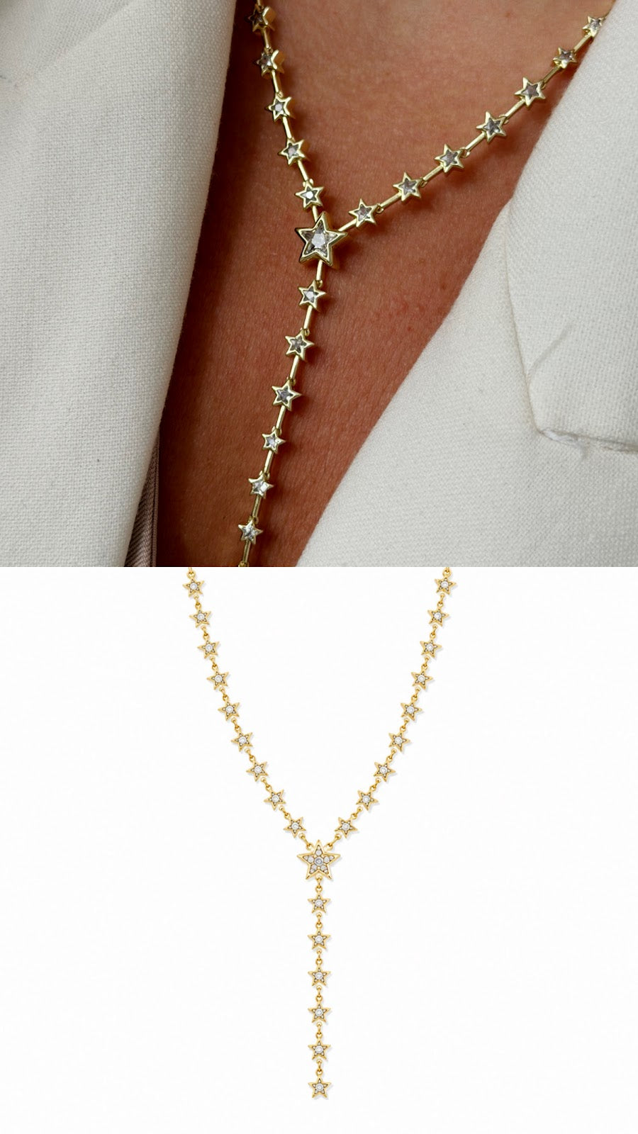 Gold CZ Pave Y Lariat Multi Star Station Necklace - CW1NKL00106 | Wholesale Stainless Steel Jewelry Catwalk Jewellery Europe