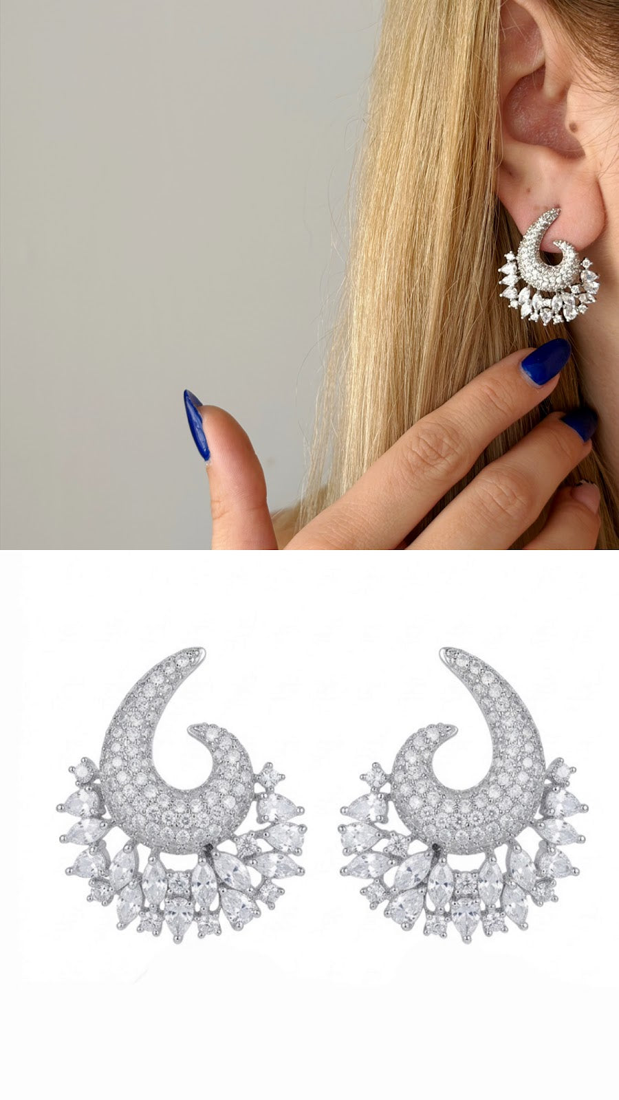 Silver CZ Pave Paisley Swirl Cluster Statement Earrings - CW1STEAR0014 | Wholesale Stainless Steel Jewelry Catwalk Jewellery Europe