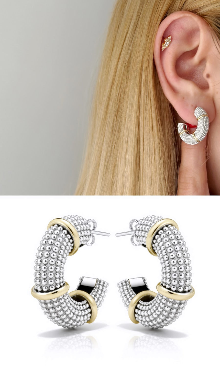 Silver Color 18K Gold Plated Stainless Steel Bearded Beaded Texture C Hoop Earrings Wholesale - CW1VPEARNG00338 | Wholesale Stainless Steel Jewelry Catwalk Jewellery Europe