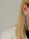 Silver CZ Pave Lattice Arch Waterfall Fringe Statement Earrings - CW1STEAR0033 | Wholesale Stainless Steel Jewelry Catwalk Jewellery Europe