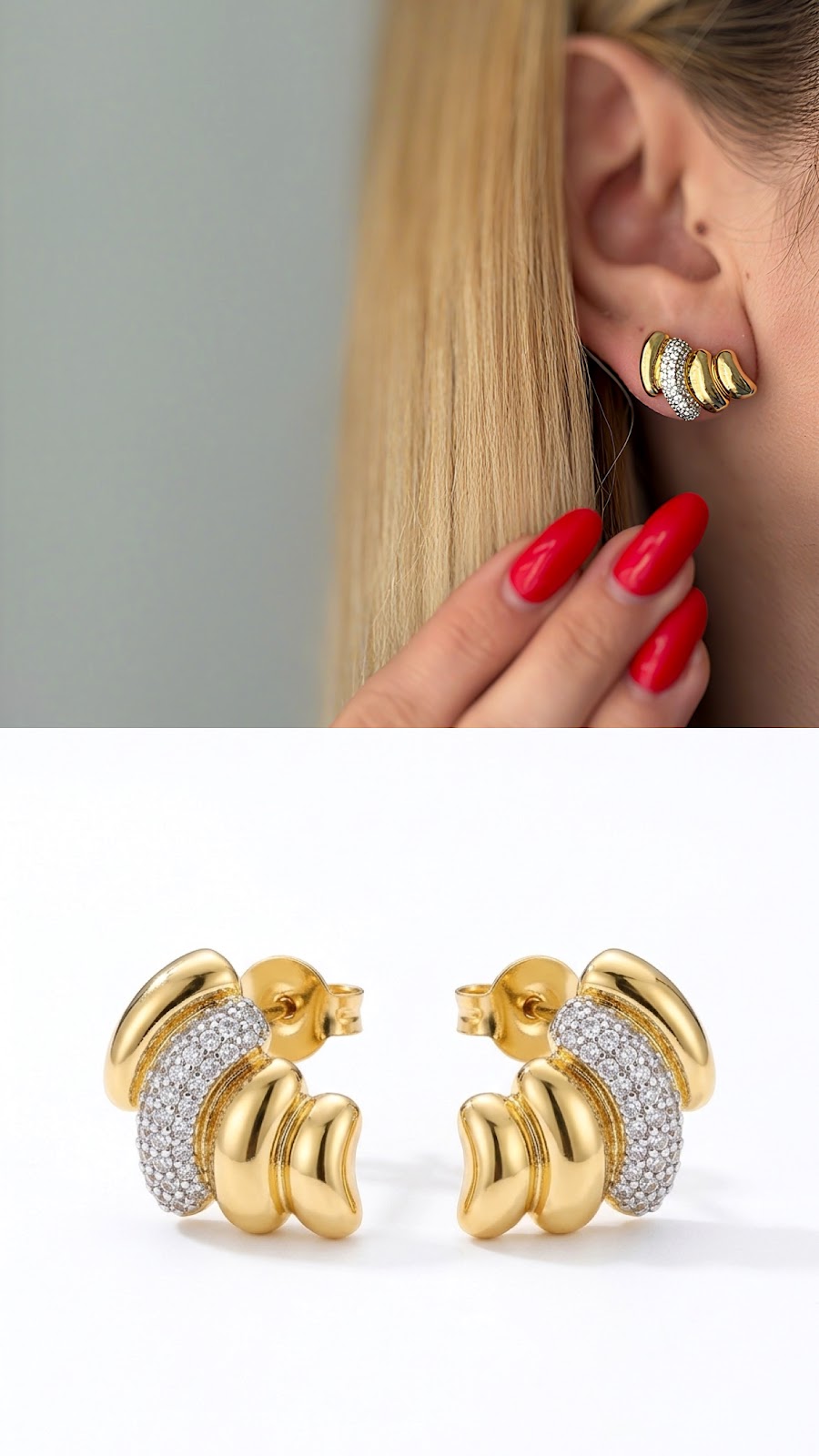 Gold Chunky Ribbed CZ Pave C Hoop Stud Earrings - CW1VPEARNG00138 | Wholesale Stainless Steel Jewelry Catwalk Jewellery Europe