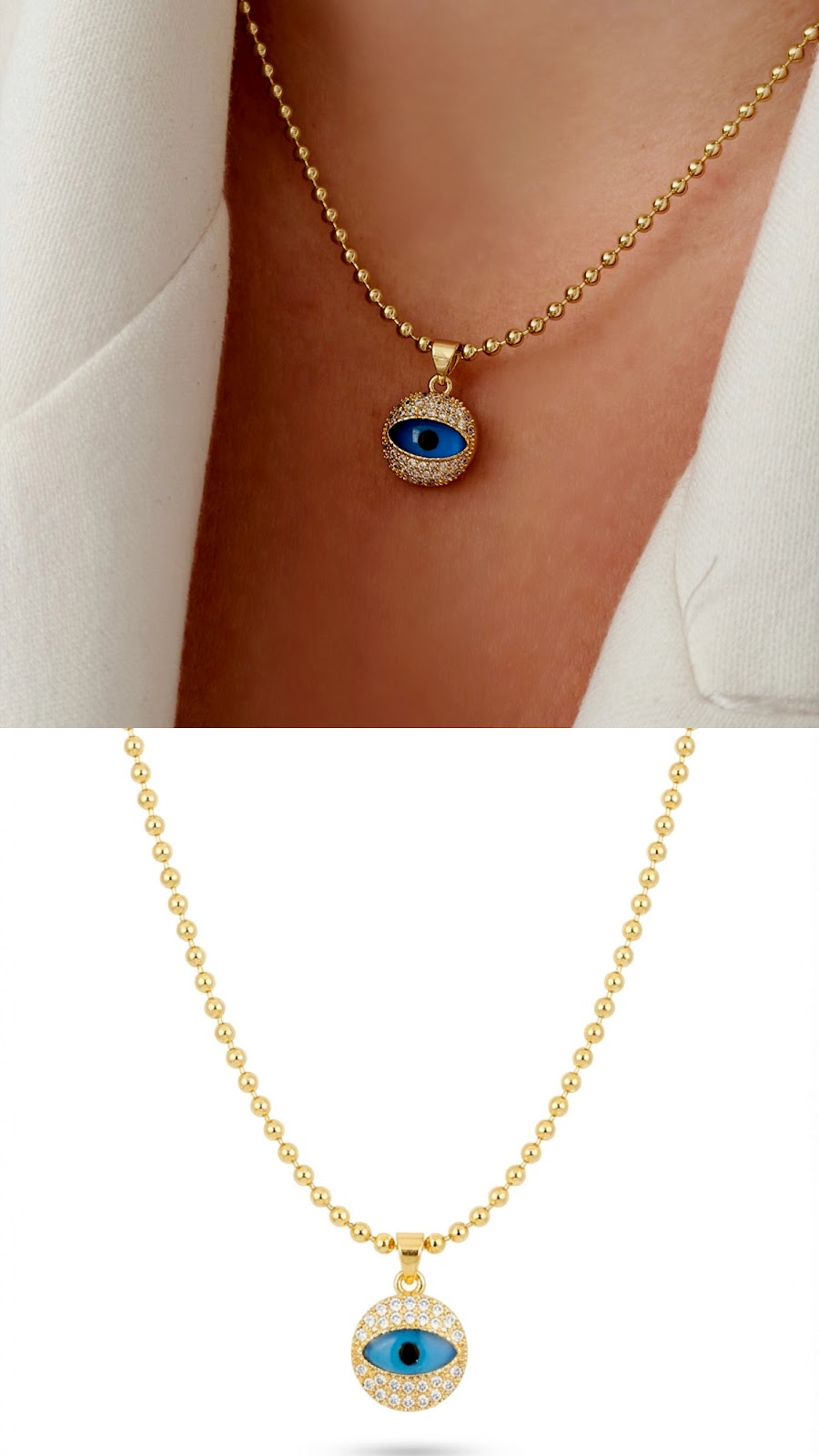 18K Gold Plated Stainless Steel Pave CZ Blue Evil Eye Medallion Ball Chain Necklace Wholesale - CW1NKL00155 | Wholesale Stainless Steel Jewelry Catwalk Jewellery Europe